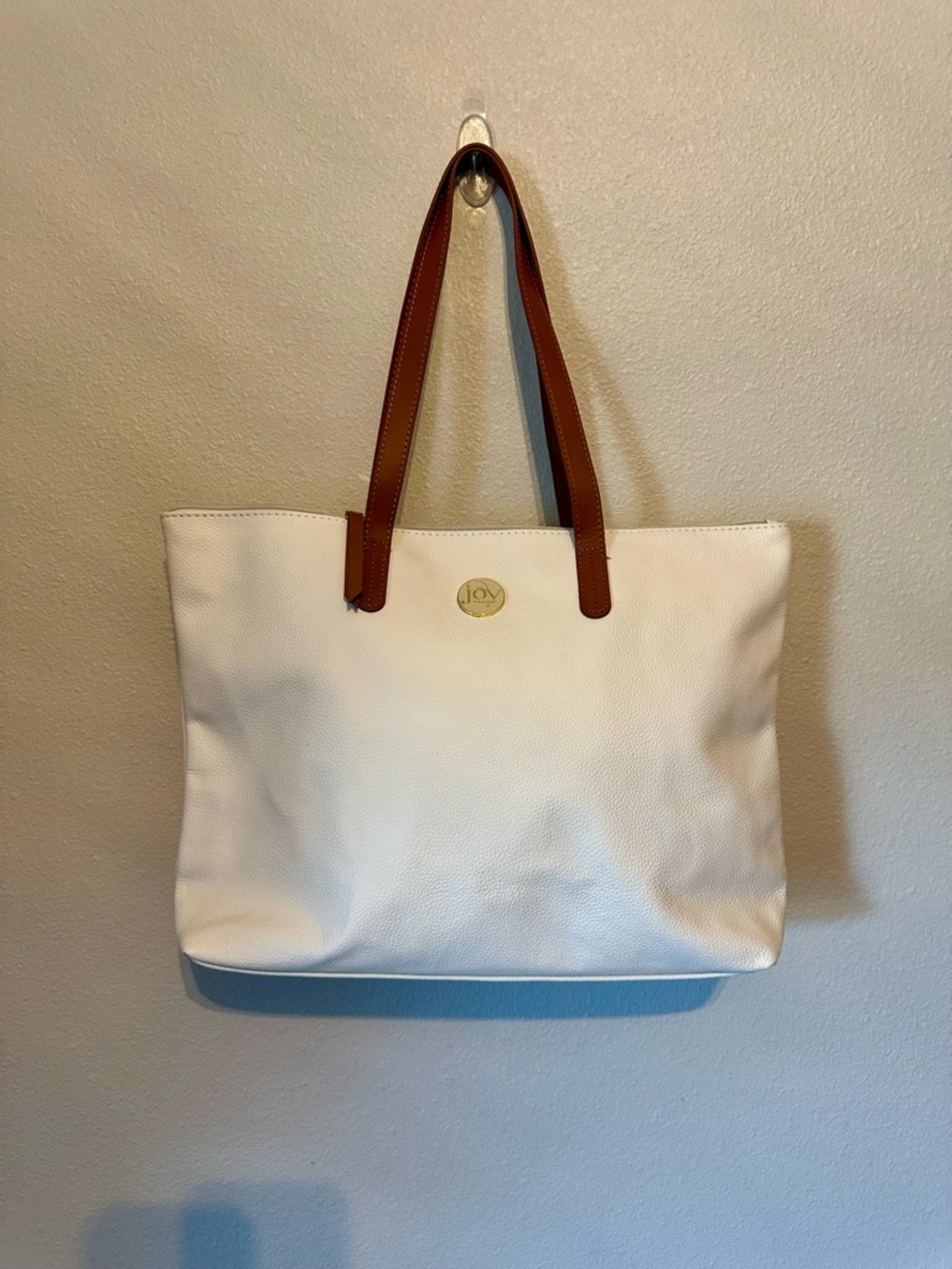 Joy Mangano White Tote with Brown Straps and bonus crossbody bag
